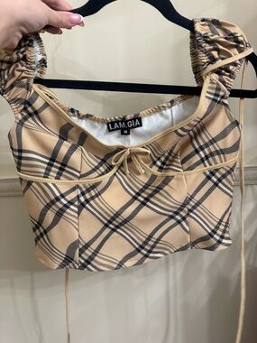 I.AM.GIA Beige and Black Plaid Ruched Strap Crop Top